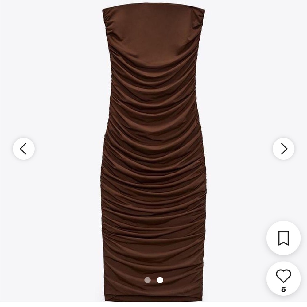 Zara Brown Ruched Strapless Midi Dress
